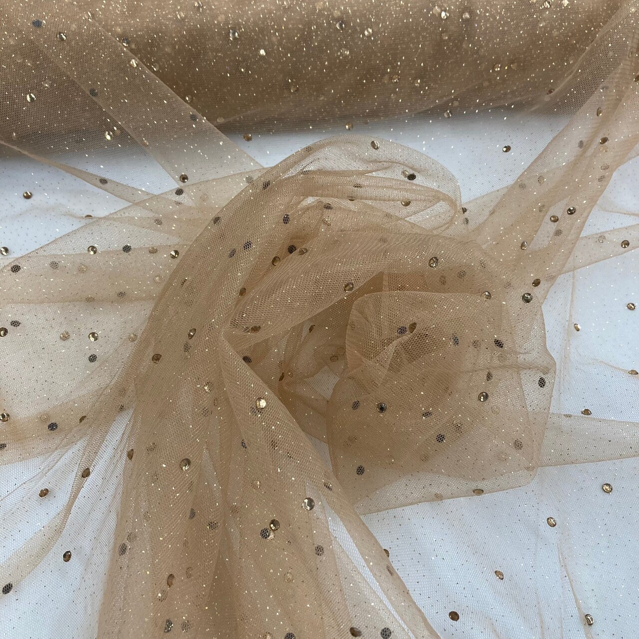 1 Yard Champagne Glitter Mesh Fabric with Scattered Rhinestones Stretch 60 Inch Width